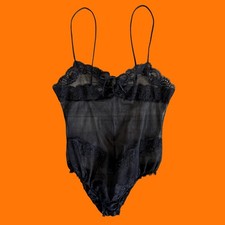 80's 90's vintage black sheer mesh lace lingerie teddy bodysuit S/M