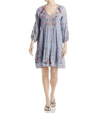 JOHNNY WAS Lucy Chambray Cotton Gauze Embroidered Easy Tiered Dress Sz M RARE