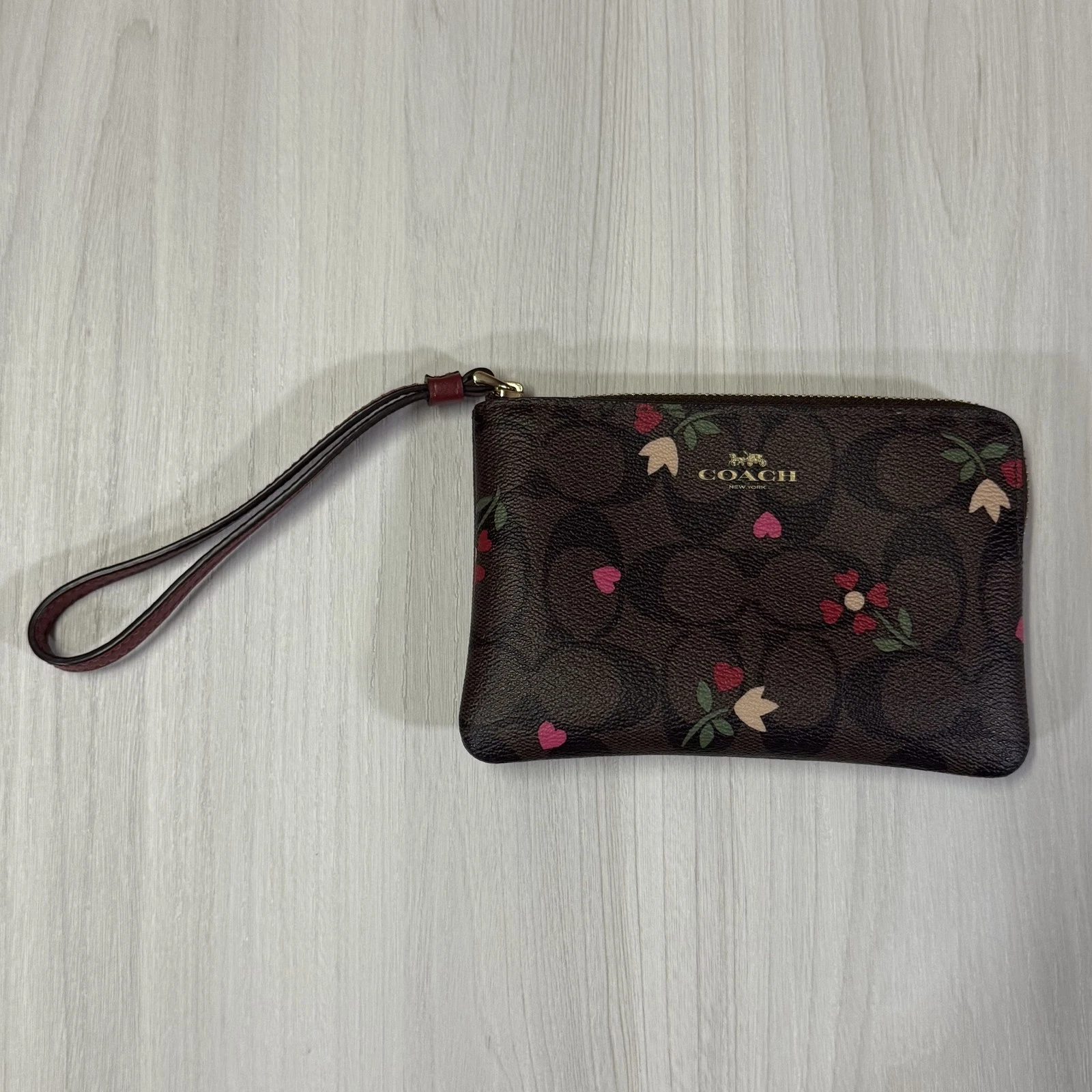 Coach Marsupio da Polso Donna Marrone Floreale Firma Tela Zip Portafoglio Borsa