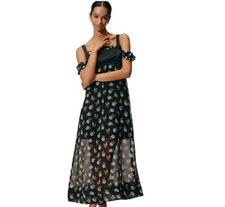 Maeve Square Neck Sheer Black Multicolored Floral Off Shoulder MidiDress Sz: Med