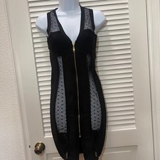 Black Bodycon Mesh Panel Dress S Heart Sheer Zip Front Fitted Clubwear