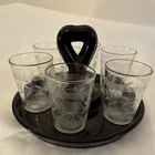 Vintage Black Amethyst Purple Depression Glass Tray w/ 6 Etched Cordial Glasses