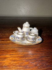 Vintage Dollhouse Miniature Porcelain Blue Check Tea Set 10 Piece