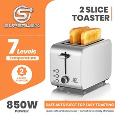 SUPERLEX Wide-Slot 2 Slice Toaster Defrost/Reheat/Cancel 850W Stainless Steel UK