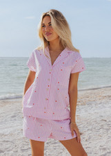 Image of STARFIT Short Pajama Set Pink Seersucker Stripe Hearts Shirt Shorts PJs XL NWT