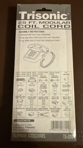 TRISONIC TS-625 25-Ft Ivory Modular Coil Cord OLD VINTAGE TELEPHONE Phone CORD - Zdjęcie 2 z 2