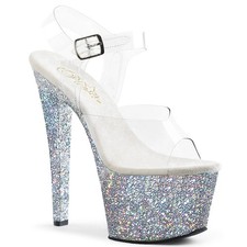 Pleaser 7" Heel 2 3 4" Platform Clear Strap Glitter Ankle Sandal Sky 308Lg