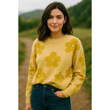 Nanette Lepore Retro Pearl Sweater Womens Small Mustard Floral Pullover Beading