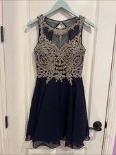 Xscape Navy Beaded Cocktail Dress Women's Size 0 Embellished Fit & Flare Formal