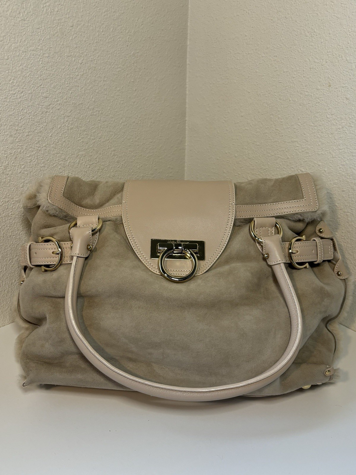 Gancini Shoulder Bag in Beige Shearling and Suede by Salvatore Ferragamo