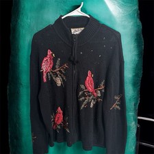 Heirloom Collectibles Cardigan Zip Sweater XL Cardinal Beaded Vtg Holiday Black