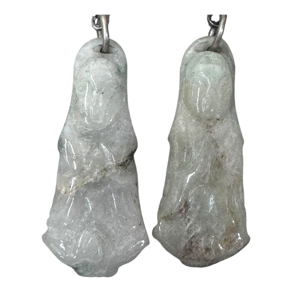 Vintage Carved Rough Raw Jade Buddha Earrings Gemstone Religious Sterling - Image 3 of 4