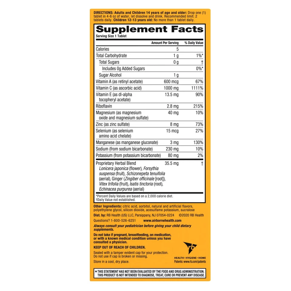 Airborne Orange 36 Comprimidos Efervescentes - 1000mg Vitamina C Zinc Apoyo Inmunológico Foto 2 de 2