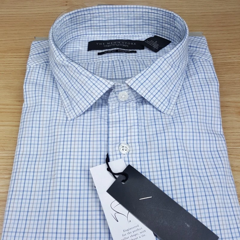Camisa BLOOMINGDALES Para Hombre Grande Azul Tostado Rejilla Cuadros Botones Calce Ajustado Elastizada Foto 2 de 4