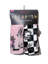 Ed Hardy 2pc Pet Throw Set Pink Black White Checkered 27in x44in Each NWT