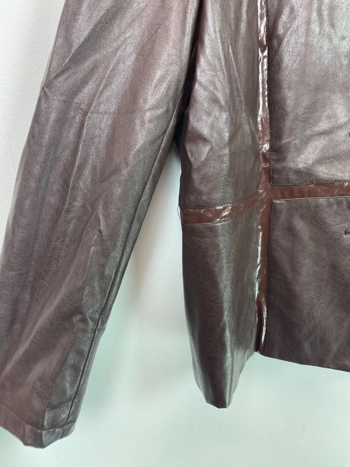 Susan Graver Brown Faux Leather Blazer Jacket Smart Button Trim Panels L - Image 3 of 4