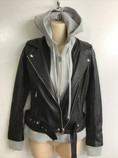 Iro Tamiespe Moto Jacket Black Leather With Gray Hoodie Lining Belted Size 36