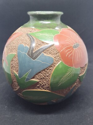 Vase Stoneware Carved Signed Nicaragua Jose Gutierrez 6.5 In T X 6 In Round  D20