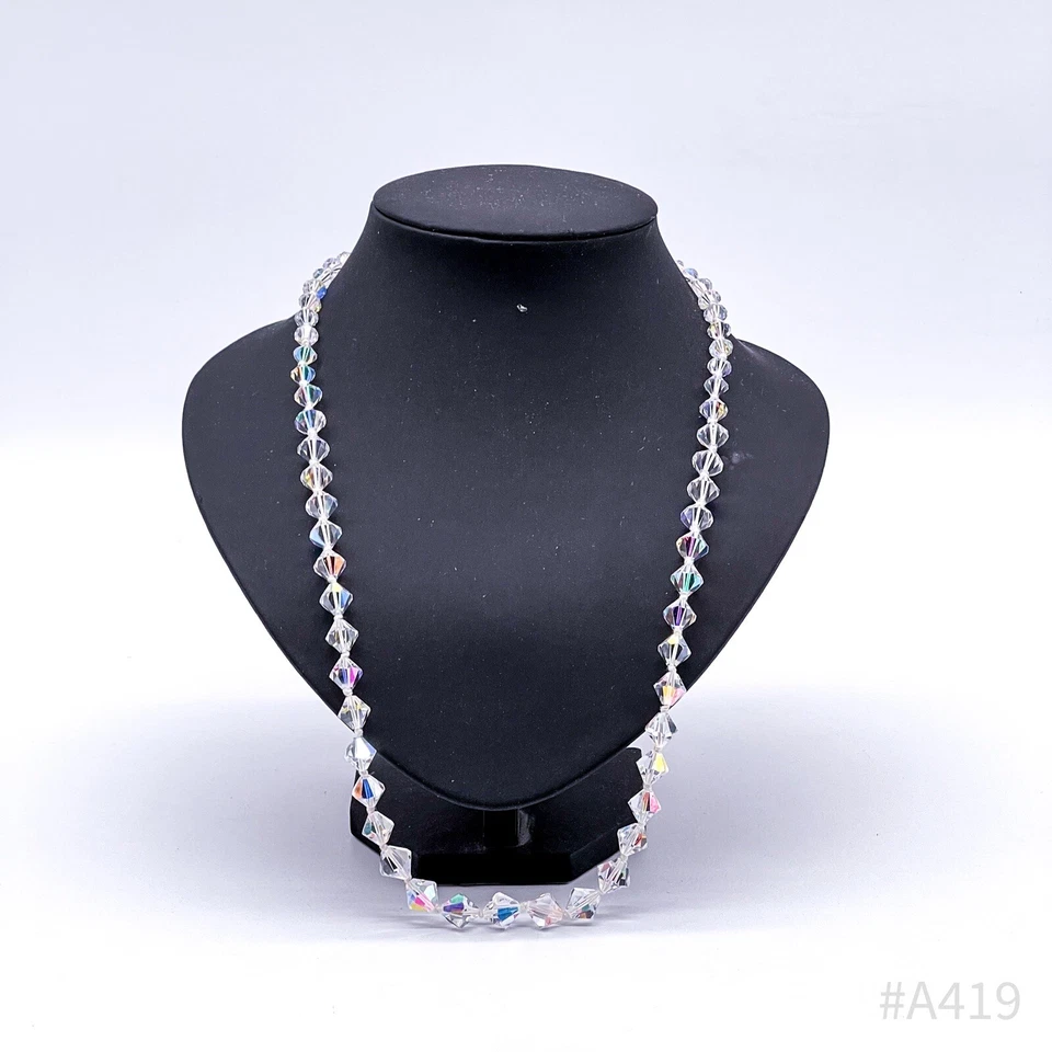 Vintage Cristallo Collana Con 835 Argento Chiusura, Iridescente Aurora Borealis - Immagine 3 di 4