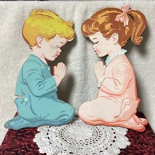 Vintage 1950's Praying Girl  Boy Pressed Cardboard Wall Art Kids Nursery 12"