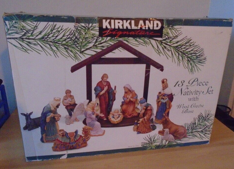 Kirkland Signature 13 Piece Nativity Set with Wood Creche Base Hand Painted