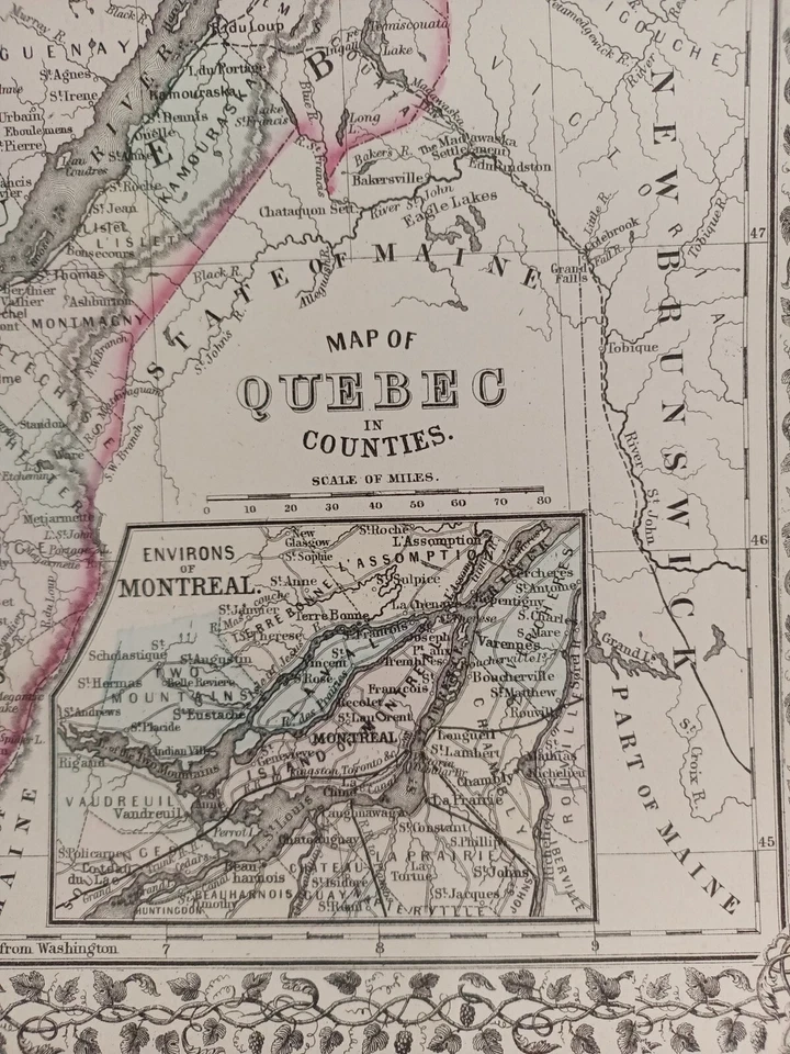 Mapa de Mitchell de 1873 de los condados de Quebec auténtico coloreado a mano antiguo Montreal Foto 4 de 4