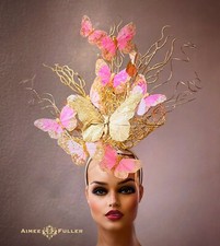 Aimee Fuller Butterfly Hat Pink Gold Kentucky Derby Fascinator Bridal Headpiece