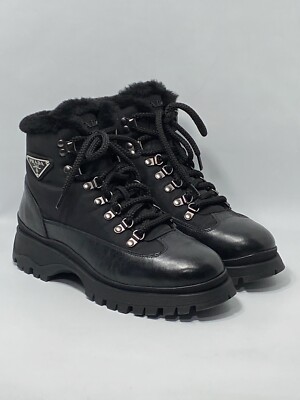 $1650 Prada Brixxen 38 Shearling-Lined Leather & Nylon Hiking