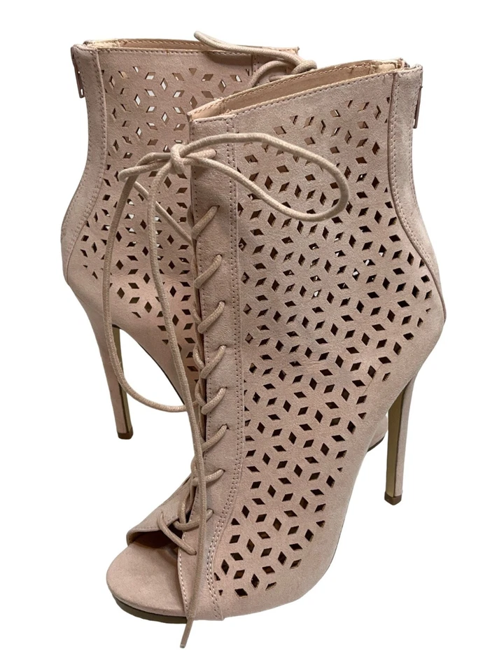 Botines Shoedazzle para mujer 8,5 rosa imitación gamuza tacón alto recorte con cordones Foto 2 de 4