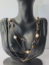 Vintage Necklace Multi Strand Chain Black White Bead Jewelry Costume Wear