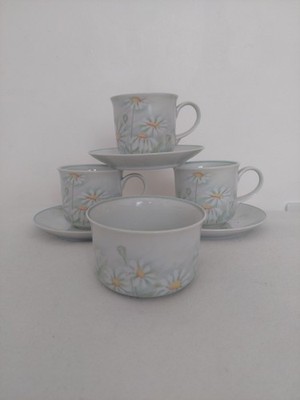 Denby Vintage Serenade Daisy Chamille 3 Teetassen und Untertassen, 1 Zuckerdose 