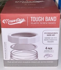4 Pk Masontops Tough Band Reusable REGULAR MOUTH Canning Jar Plastic Screw Bands
