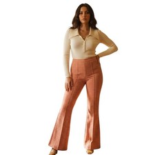 Vintage 1970s Orange Gingham Wide Leg Pants Pull On Flare FLAWS Paper Tag