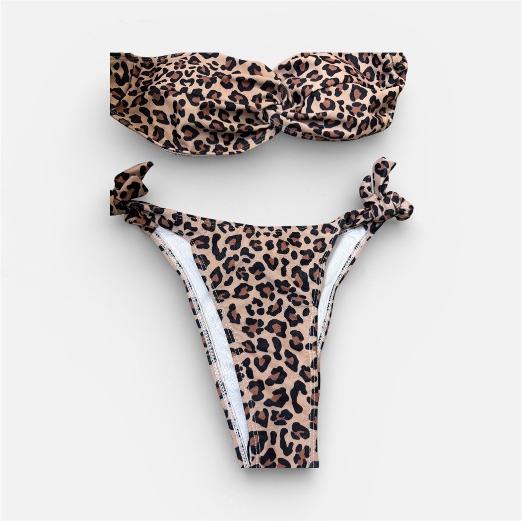 Leopard Print Bandeau Halter Bikini Set XS Beige Black Brown Lined Stretch