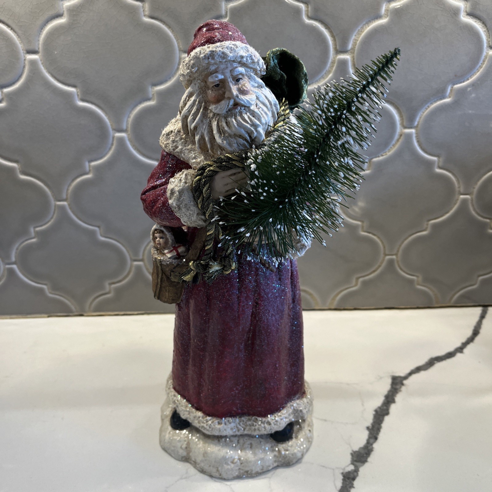 Weihnachtsmann Belsnickle Figur Vintage Pappmache inspiriert Glimmer Schneebaum 13"