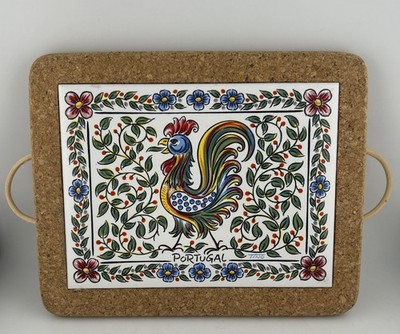 Tino Hand-Painted Portuguese Ceramic Glazed Tile Trivet Handles- Rooster Chicken