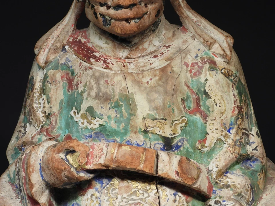 Chinese Qing Dynasty Polychrome Painted Wood Taoist Deity Buddha Statue - Image 4 of 4