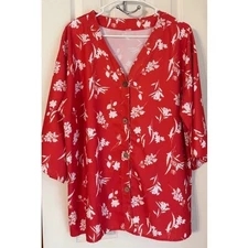 Red Floral Print Button Down 3/4 Sleeve Blouse Womens Casual Top XL
