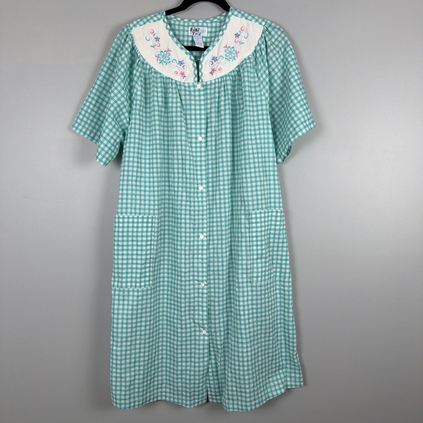 Leisure Life House Coat Womens 1X Green Gingham Plaid Robe Pearl Snap Grannycore