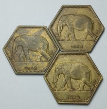 Job lot of 3 X 1943 Belgian Congo 2 Franc coins with elephant