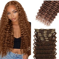 Clip in Hair Extensions, 14 Inch Brown Deep Wave Human Hair 7 Pieces