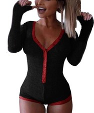 Body Donna Maniche Lunghe Scollo a V Tessuto a Costine Elastico Nero Rosso XL