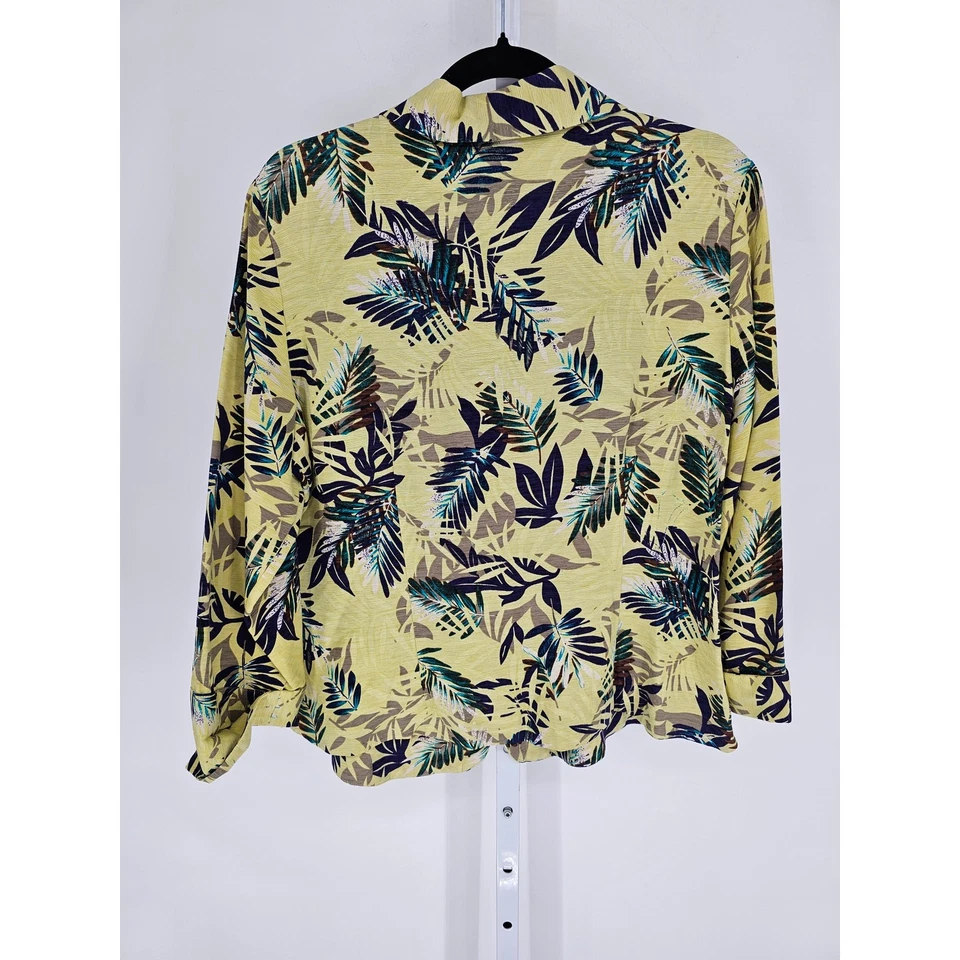 Blusa Sag Harbor Mujer Talla 12 100% Seda Abotonada Amarillo Azul Estampado Hoja de Palma Foto 4 de 4