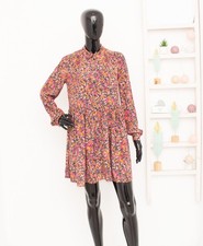 Sezane Crepe Dress Blue Pink Floral Collared Neck Pleated Waist Viscose 34