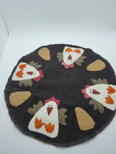 PRiMiTiVe Wool Applique Easter Penny Rug~Chicken~Egg~Candle Mat 12" NEW