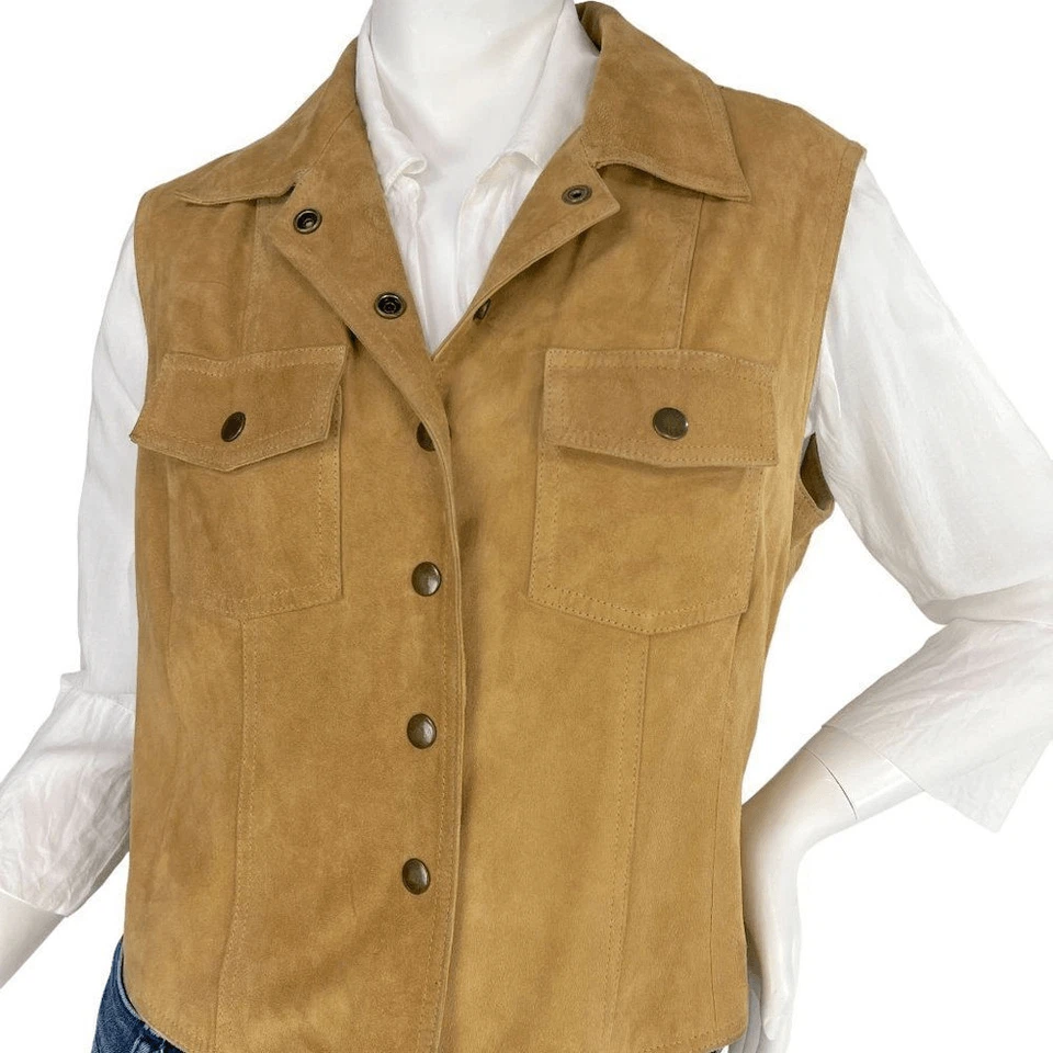 Chaleco Vakko Vintage c.1980 Cuero Gamuza Tostado Cuello Botón a Presión, Talla Grande Foto 4 de 4