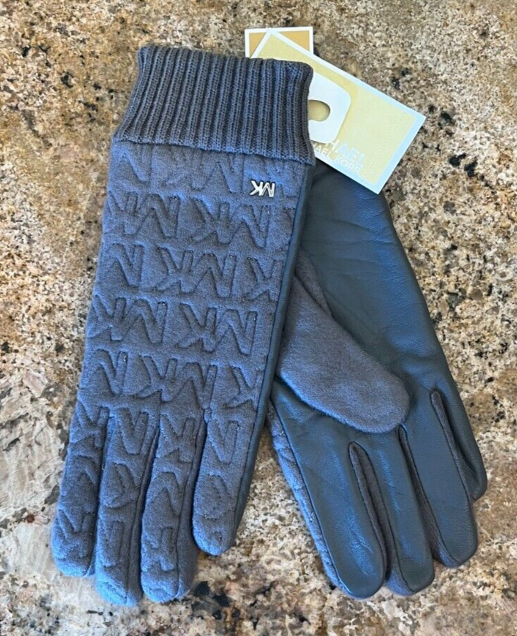 NWT MICHAEL KORS QUILTED LOGO GLOVE WITH LEATHER TRIM GRAY L $78