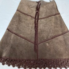 VTG 90s SPOILED GIRL JUNIORS Suede SKIRT Dk Brown Patchwork Crochet Size Med M