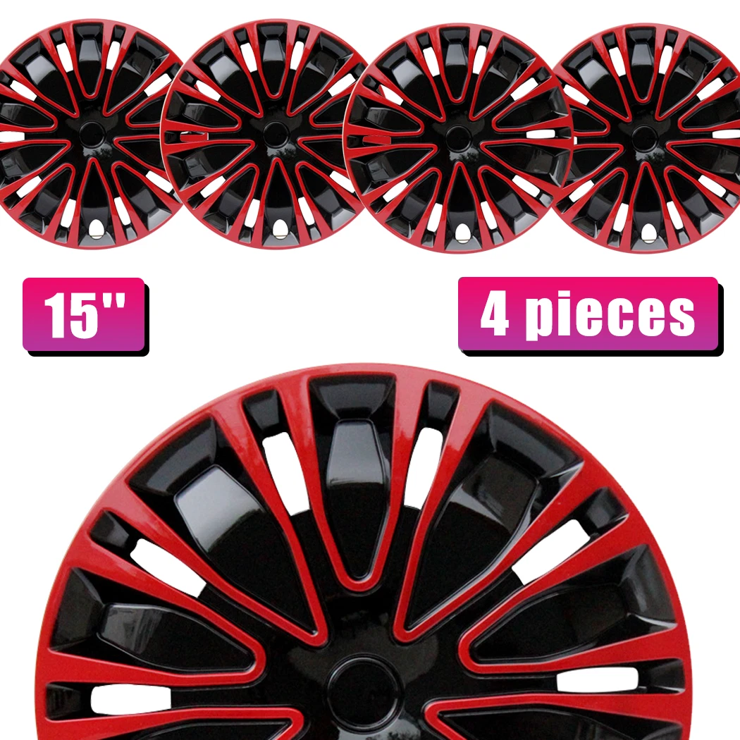 4 pcs Wheel Covers 15 Inch Full Rim Snap On Hubcaps fit R15 Steel Rims Red Black