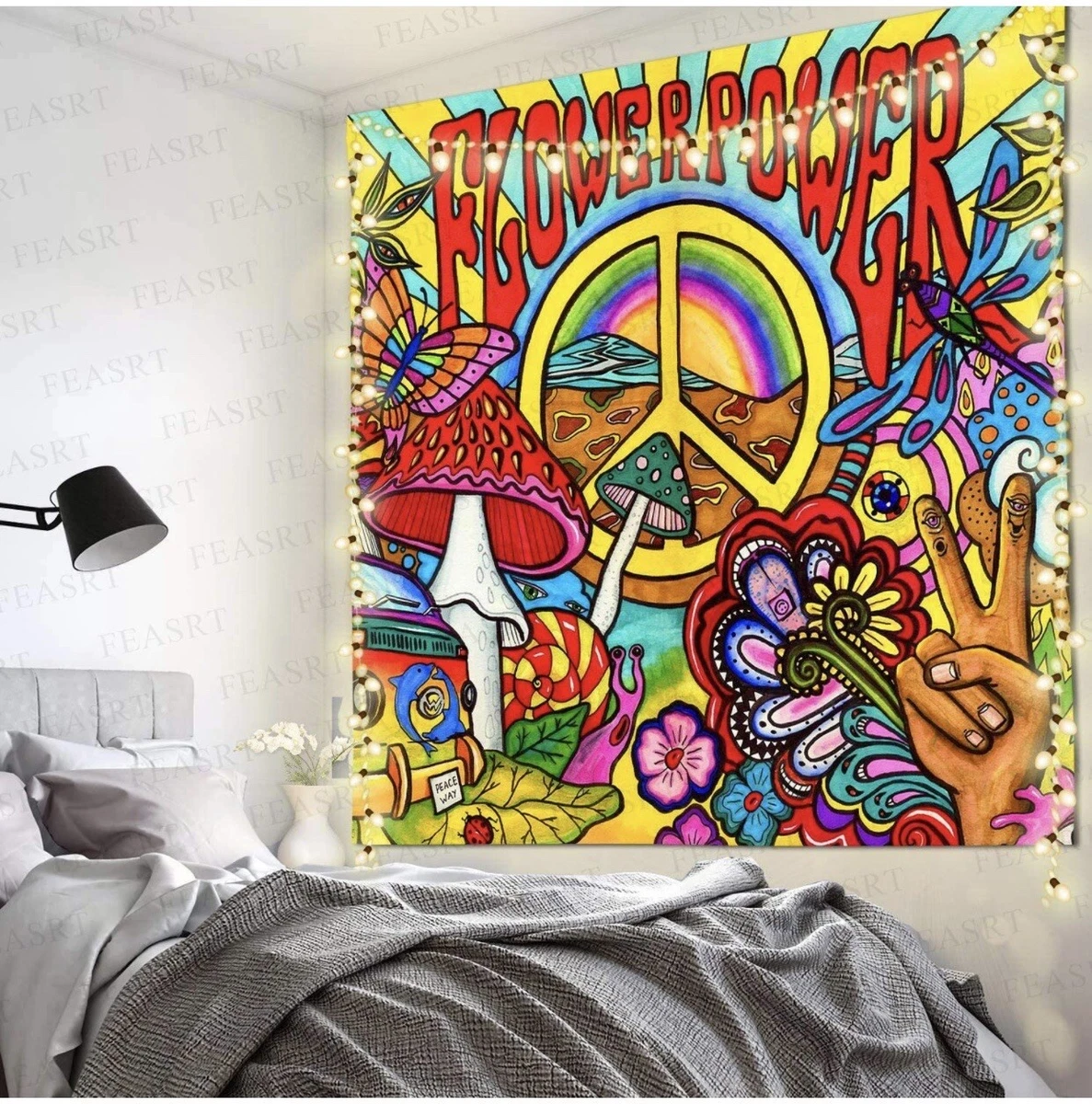 FEASRT Hippie Groovy Tapestry 80x60 Inches Peace and Love Symbol